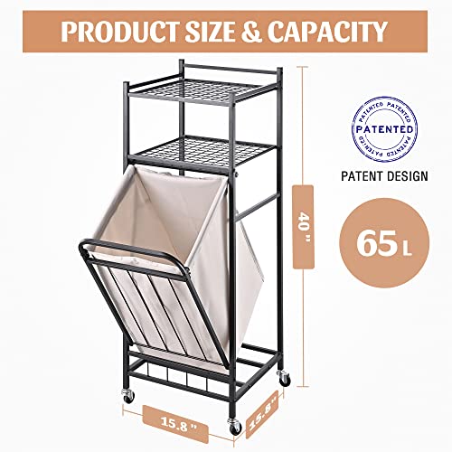 Plkow Tilt Out Laundry Hamper With Shelf, Rolling Laundry Basket Laundry Hamper Cabinet With Removable Liner Bag, Lockable Wheels, 65 Liter, 15.8L X 15.8W X 40H Inch #TOP6
