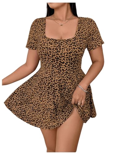 Image of WDIRARA Women's Plus Size Leopard Print Dress Square Neck Short Sleeve Ruffle Hem A Line Dress