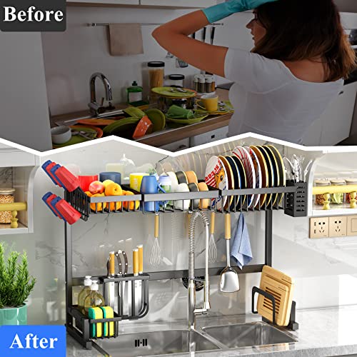 Over The Sink Dish Drying Rack, Length Adjustable (From 33.8" To 41.5") Stainless Steel 2 Tier Large Dish Rack With Cup Holder Utensil Holder Caddy, Kitchen Counter Dish Drainer Organizer, Black #TOP5