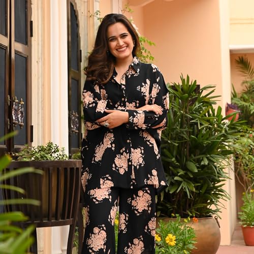 Image of Sidhidata Women's Rayon Blend Floral Printed Shirt Pant Set Co-Ords Set|Coordinate Set|Summer Suit|Printed Shirt with Pant Set (CS Rose)