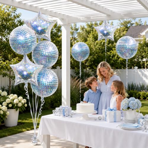 Image of 9 Pcs Disco Ball Balloons and Star Balloons 22 /18 4D Ball Balloons Laser Metallic Silver Disco Star Mylar Balloon for Birthday Bachelorette 70s 80s 90s Themed Grad Retro Prom Party Decor