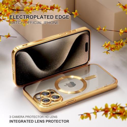 Image of Misea Magnetic for iPhone 15 Pro Max Case Compatible with MagSafe Gold | [Never Yellowing] [Military Drop Protection] Full Camera Lens Protector Plating Soft Clear Phone Case for Women, Gold