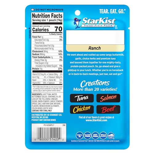 Image of StarKist Tuna Creations Ranch Pouch (2.6 oz - 2 Pack) Wild Caught, High Protein Shelf Stable Seafood, Gluten Free, Soy Free, No Draining, Ready to Eat for Salads and Sandwiches