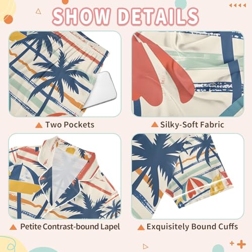 senya Coconut Trees Umbrellas Satin Summer Pajama Sets Silk Short Sleeve Button Down Sleepwear3