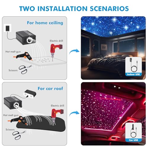 Image of Twinkle Headliner Star Light Kit 500Pcs*0.03in*9.8ft Fiber Optic Lights | APP /Remote Control, RGBW Sound Activated, Music Mode, For Car Roof Home Ceiling