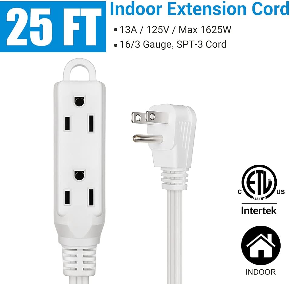 DEWENWILS 3 Outlet Extension Cord with Flat Plug, 25 FT 16/3 Awg Grounded Power Cable for Indoor Use, SPT-3 Cord, White, ETL Listed, 1 Pack