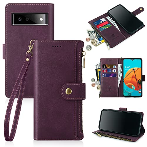 Antsturdy Samsung Google Pixel 6 Wallet case with Card Holder for Women Men,Google Pixel 6 Phone case RFID Blocking PU Leather Flip Shockproof Cover with Strap Zipper Credit Card Slots,Wine Red…