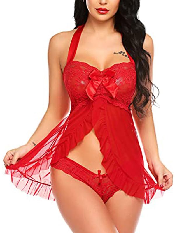 Babydoll Open Front Halter Neck Women Lace Lingerie Net Chemise with G-String S to 3XL