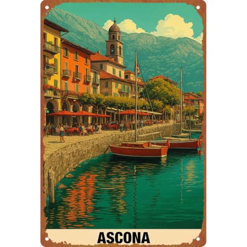 Vintage Ascona Travel Poster Metal Wall Art, 8x12 Inch Aluminum Decor, Retro Swiss Lakeside Town Landscape Print for Home Living Room Cafe Decor