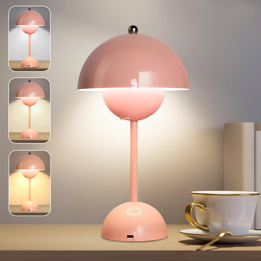 Afenau Lámpara De Mesa De Setas, Lampara De Mesa Inalambrica con 3 Colores de Luz, Infinitamente Regulable Lampara Inalambrica, Lampara de Mesa Tactil para Dormitorio, Oficina, Bares (Rosa)