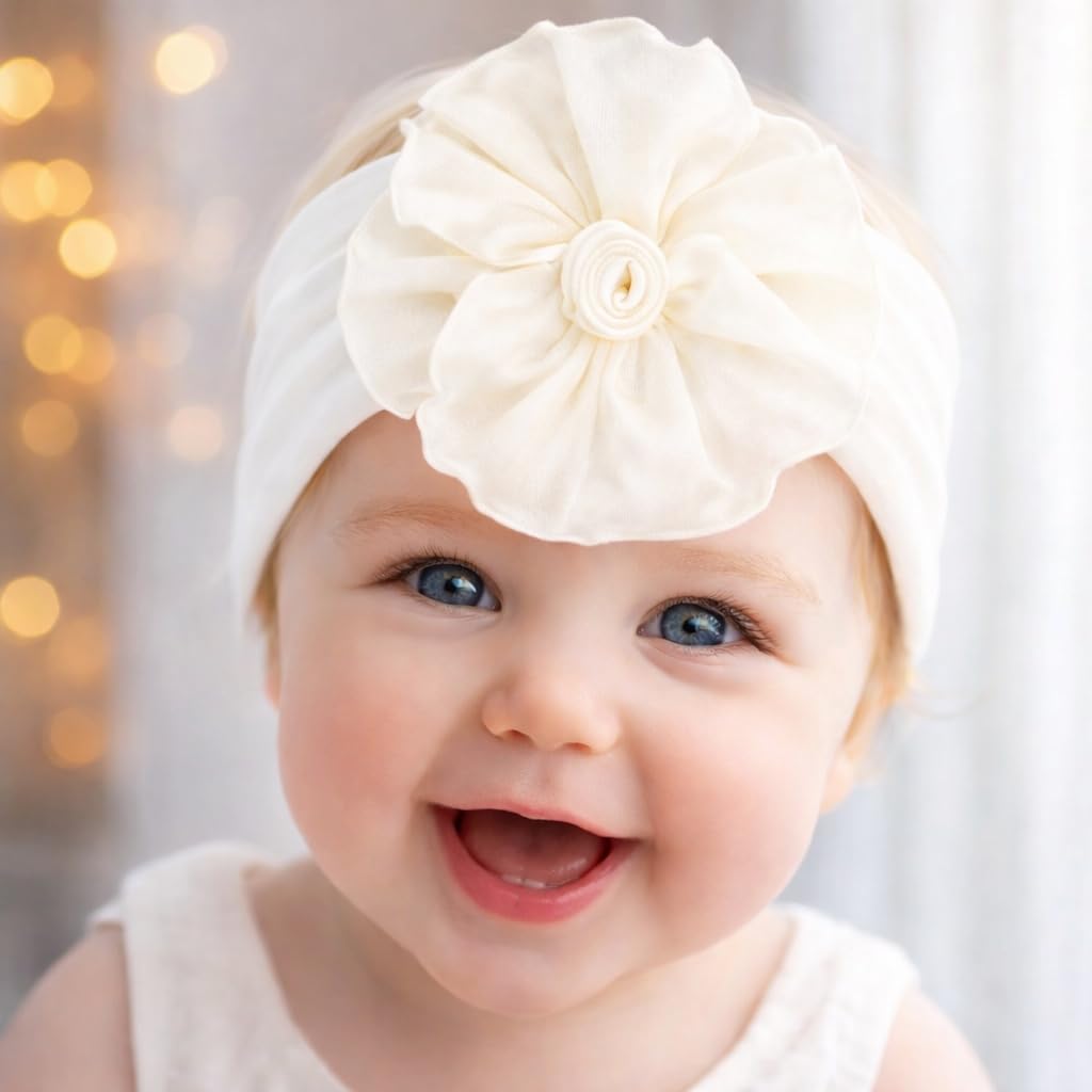 Extra Large Big Flower Baby Girl Headband – Soft Cotton Stretchy Hair Band for Newborn, Infant & Toddler (Off White, 3-36 Month)