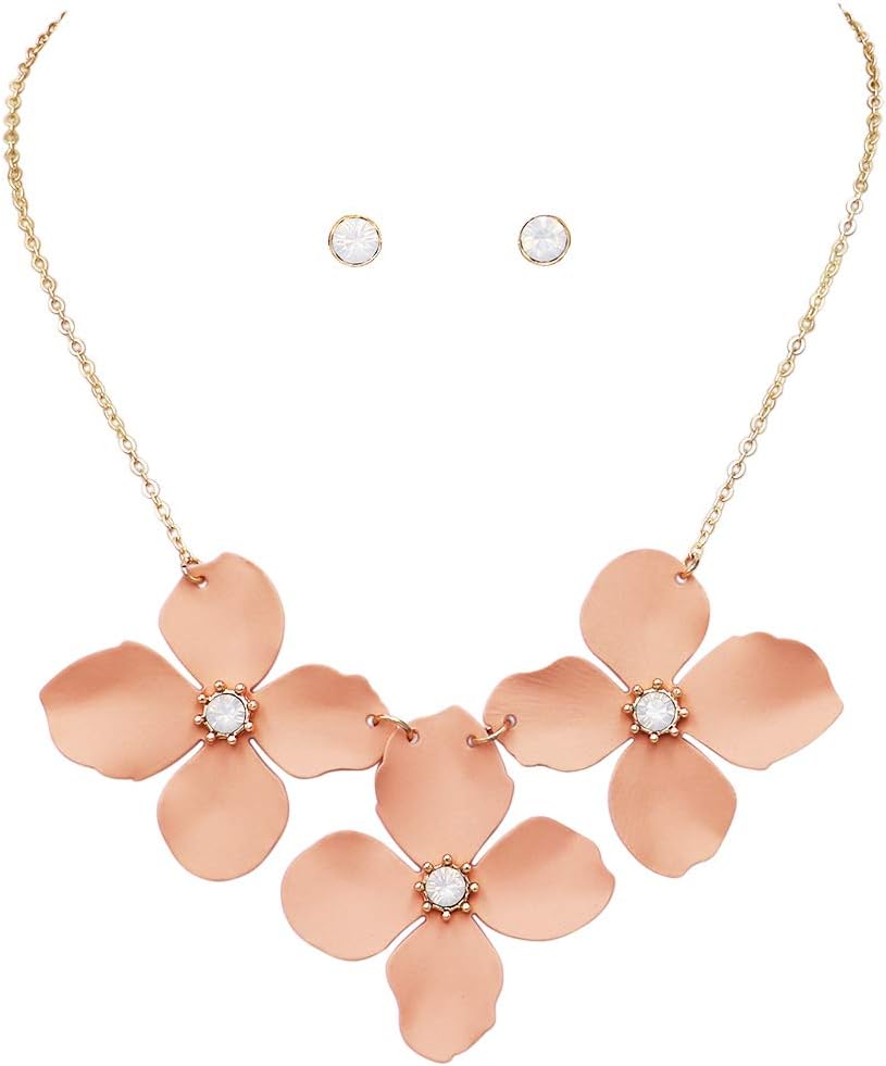 Rosemarie Collections Women's Colorful Powder Coated Flower With Crystal Rhinestone Center Collar Necklace Earrings Set, 15"+3" Extender