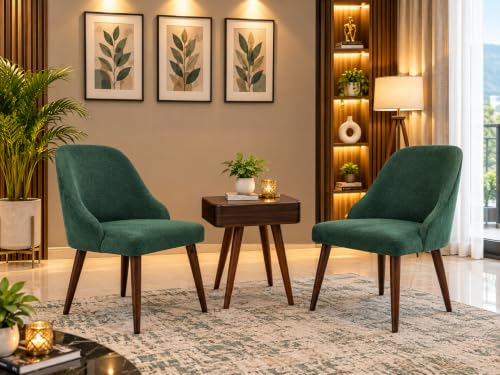 Image of DaneWood Wooden Upholstered Dining Chair Set of 2 | Accent Chair for Living /Drawing Room, Bedroom & Office | Upholstery Barrel Arm Chair with Velvet Fabric | Sheesham Wood Legs, Green, Height 37.5 inch