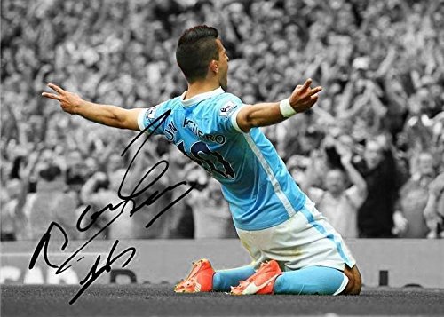 Signed Black Soccer Sergio Aguero Manchester City Autographed Photo Photograph Picture Frame Gift SM