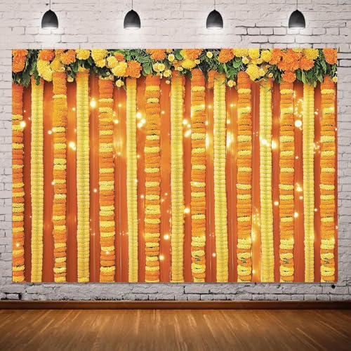 Image of 7x5FT Indian Pooja Backdrop, Yellow Flowers Curtain Traditional Chatiya Navratri Ganpati Ganesh Marigold Photography Background, Festival Wedding Party Decoration