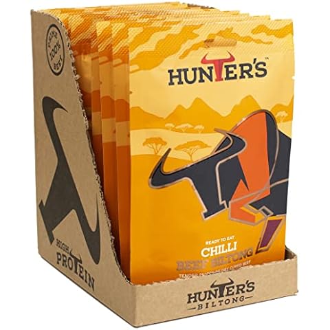 Hunters Biltong - Chilli Beef Biltong, 28g Pack of 10 High Protein, low fat, Thin Tender Slices of authentic Beef Biltong, beef Jerky, Gluten & MSG Free, Convenient Snack Cover