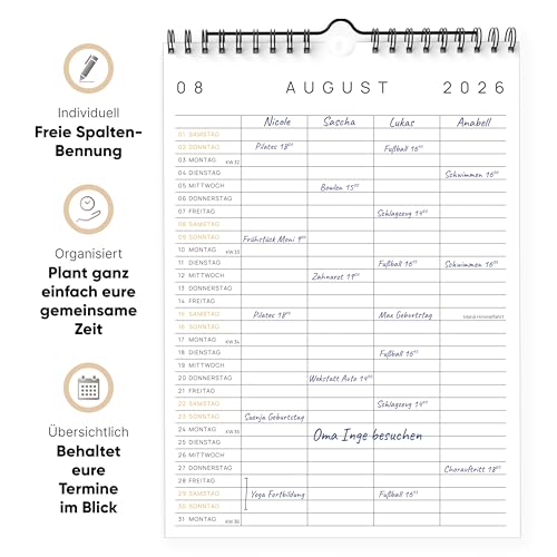 UNITURE® DIN A4 Familienplaner 2026 [mit 4 Spalten] Familienkalender Okt 2025 - Dez 2026, Kalender 2026, nachhaltig & schmierfrei