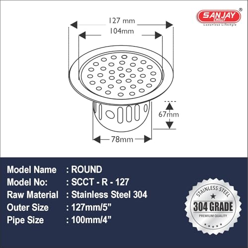 Image of Round Floor Drain Cockroach Trap 5 INCH for Bathroom SS 304 Grade Kitchen Washbasin Sink Bathtub Waste Water Drainer Safety from Cockroach & Insects (Round 5 INCH Silver)