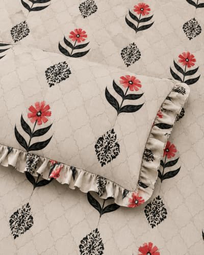 Image of King Size Fitted Bedsheet for Double Bed | 300 TC Cotton Feel Microfiber | All Around Elastic with 2 Frill Pillow Covers | Soft & Durable | (Design2, Fitted - 72 x 78 Inch King)