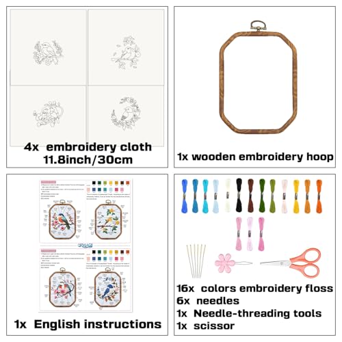 Image of ORIGACH 4 Set Embroidery Kit for Beginners Adults, DIY Hummingbird and Flower Embroidery Starter Kit with Stamped Patterns Instructions Embroidery Hoop Needles Threads for Crafting