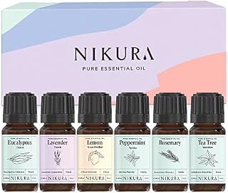 Nikura | Starter (6 x 10ml) Essential Oil Gift Set | Eucalyptus, Lavender, Lemon, Peppermint, Rosemary & Tea Tree | for Aromatherapy, Soap and Candle Making, Diffuser, Vegan, 100% Pure and Natural