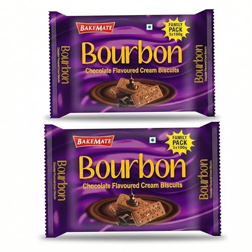 Image of BakeMate Bourbon Chocolate Flavoured Cream Biscuits - Pack of 2 | Bourbon Biscuits Pack | Chocolate Sandwich Biscuit | Crunchy & Creamy Tea Time Snack for Chocolates Lovers | Biscuit for Kids & Adults