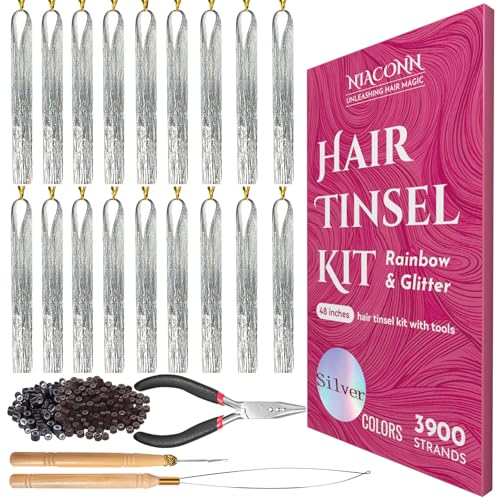 NIACONN Glitter Hair Tinsel Extensions Kit Silver with Tools and Beads 48 Inch Sparkly Fairy Colorful Tensile Strands Shiny Hair Accessories for Women Girls Kids