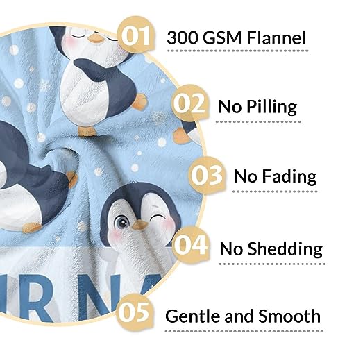 Custom Penguin Blankets with Name - Soft Warm Blanket Throw for Kids, Adults - 60"x80" Flannel Blankets for Bed, Couch, Sofa - Blue Cute Blanket Gifts