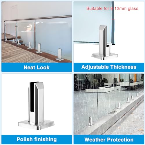 Edelstahl 304 Glasklemme, Glasklemmhalter für 8-12 mm/0,31-0,47 Zoll Dickes Glas mit 4 Schrauben für Schwimmbad Bodenmontage Treppengeländer Balustradengeländer Balkon Zaunklemme (Spiegelsilber)