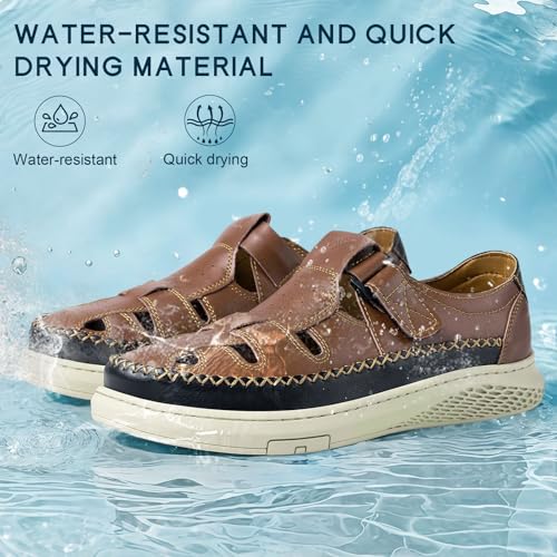 MAIZUN Men's Leather Sandals Outdoor Casual Closed Toe Sport Sandals Summer Fisherman Beach Shoes with Adjustable for Athletic Hiking Walking Size 7.54