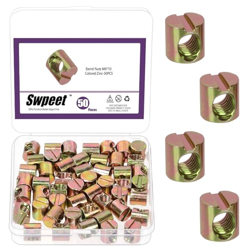 Swpeet 50Pcs Metric M6×10mm Color Zinc Plated Barrel Nuts Kit, Cross Dowels Slotted Nut, Furniture Nuts Embedded Nut for Beds Crib Chairs Hardware Replacement