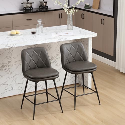 Image of Swivel Bar Stools Set of 2, Swivel Counter Height Bar Stools Set with Metal Legs and Upholstered Faux-Leather Seats, Modern Bar Stool with Back for Kitchen Island (A29 H, Grey)