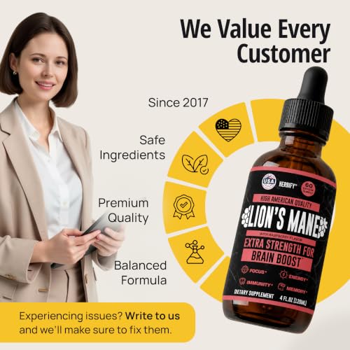 Image of HERBIFY Lions Mane Supplement - Daily Mushroom Supplement for Memory, Focus & Clarity - Brain Booster - Lions Mane Tincture for Natural Immune Support - 4 Fl Oz Raspberry Flavor