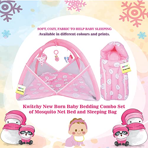 Image of Kwitchy Baby Bedding Set New Born Baby Bed | Mattress | Mosquito Net | Play Gym | Sleeping Bags | Playmats | Cotton | Infants | Gift Combo | Bed with Hanging Toys (0-6 Months) Pink