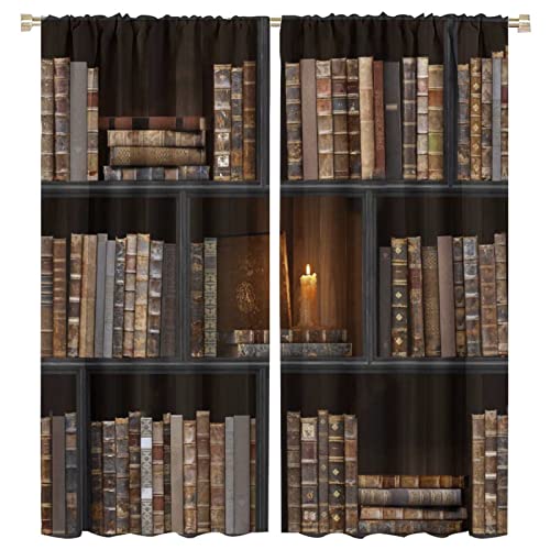 Vintage Bookshelf Blackout Curtains Retro Black Wood Bookshelf Old Books Design Window Drapes for Kids Boys Girls Living Room Bedroom Decor Tie Up Window Drapes Living Room 63x72in