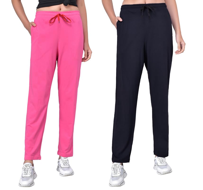 Image of Fflirtygo Women's Cotton Solid Pyjama /Track Pants, Navy Blue and Lavender (Pack of 2)