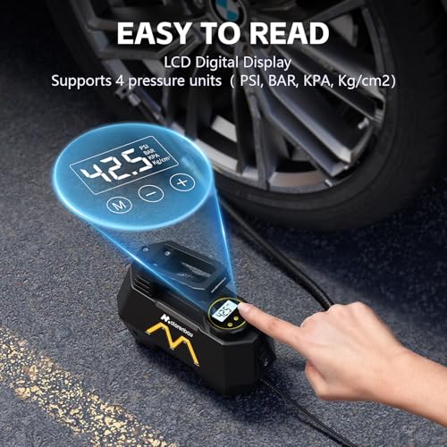 Motorenbau Compresor Aire Portatil, Inflador Ruedas Coche 150 PSI, Inflador de Neumáticos de 12 V CC con Manómetro Digital y Luz LED para Neumáticos de Auto, Motos y Bicicletas, Amarillo - imagen 4