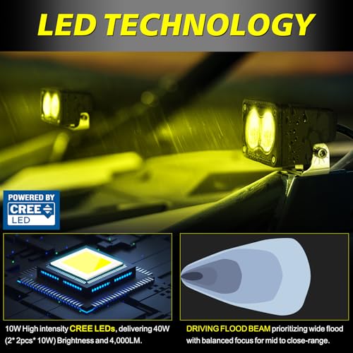 Image of Yellow LED Pods, AKD Part 3 Inch Flood CREE LED Fog Lights 40W Yellow Small Chase Pod Lights Ditch Lights Off Road Driving Lights 2 Packs for Dirt Bike Motorcycle Truck UTV ATV SUV Surron