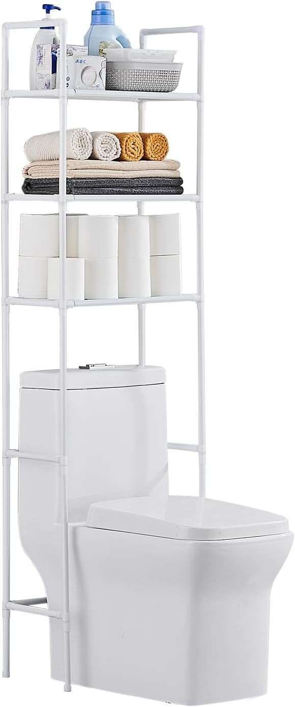 Armadietto da bagno sopra il WC con mensola salvaspazio regolabile a 3 ripiani mobili da bagno bianchi per piccoli spazi, soluzione compatta ed elegante
