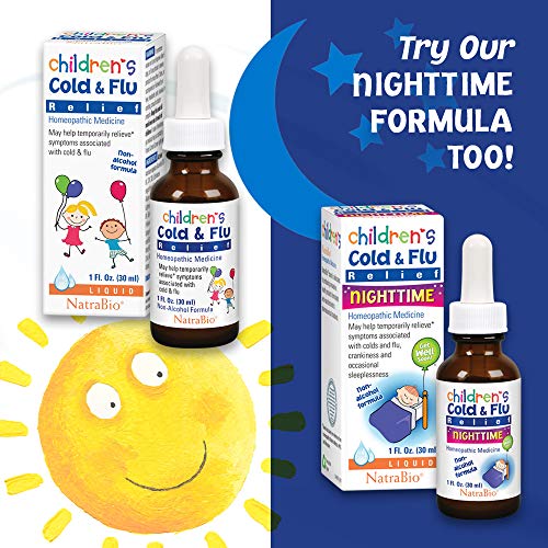 NatraBio Childrens Cold & Flu Relief Homeopathic Medicine | Kids and Infants 4 Months & Older | Congestion, Sore Throat, Nausea, Sneezing, Aches | No Sugar, No Side Effects & Non-Drowsy | 1 Fl Oz