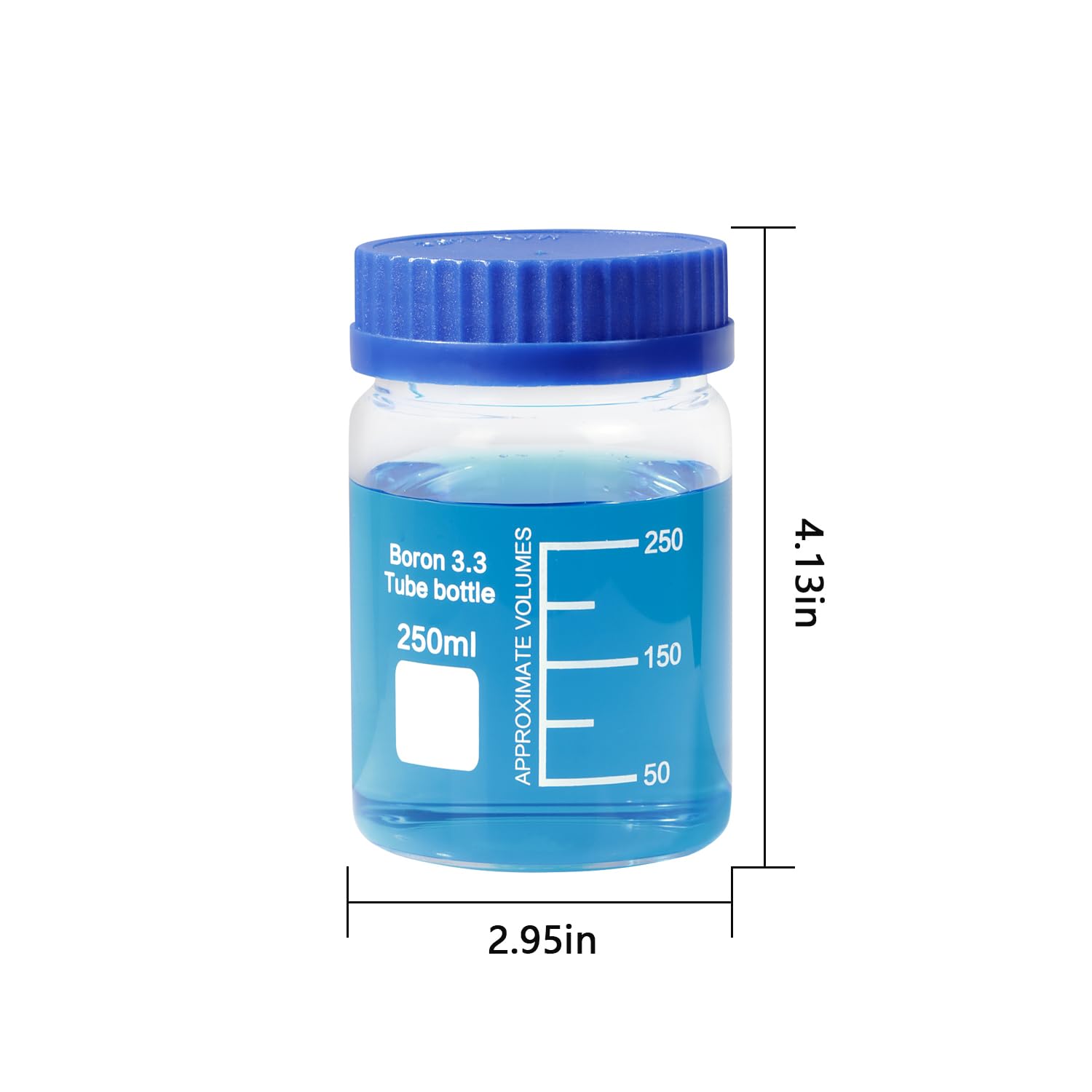 Paquete de 3 botellas de vidrio de laboratorio graduadas de boca ancha de 250 ml con tapón de rosca de polipropileno azul GL70
