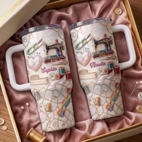 Sewing And Handicraft Mosaic, Personalized 40oz Tumbler With Straw Custom Vacuum Insulated Travel Cup Crafters Quilters Drinkware Present Women Mom Grandma Hot Cold Beverage Drinking Container - Image 4