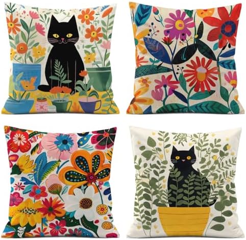 Abstract Flower Decorative Pillow Covers,Watercolor Wildflowers Black Cat Throw Pillow Covers for Home Bedroom Living Room Couch Decor,18x18 Inch Pillowcase Set of 4 image 5