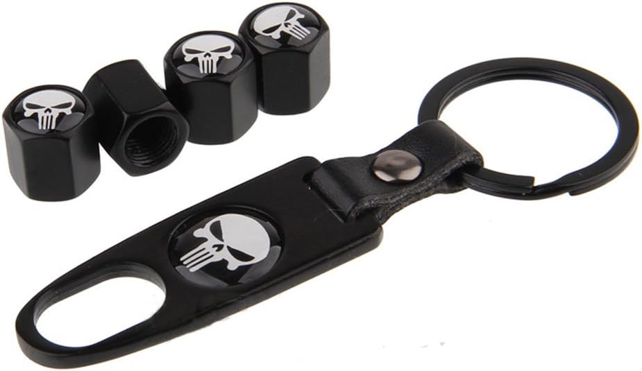 Quentacy 4PCS Wheel Tire Valve Stem Caps Cover Combo Punisher Skull Key Chain Set