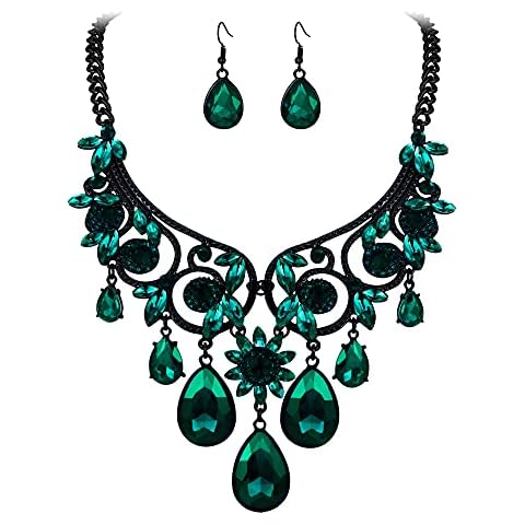 BriLove Women's Tribal Ethnic Crystal Chunky Statement Necklace Dangle Earrings Set Emerald Color Black-Tone Cover
