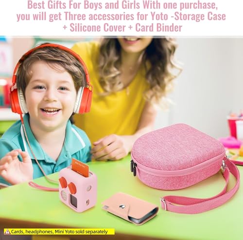 Image of Hard Case Compatible with Yoto Mini (2024 Edition), 3-in-1 Travel Bundle: Silicone Cover + Case with Shoulder Strap (Fits Mini Player & Headphones) + Up to 10 Card Holder for YOTO Cards (Pink)