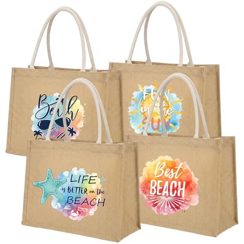 Sweetude 4 Pcs Burlap Tote Bags with Handles for Women Burlap Tote Summer Straw Starfish Sun Beach Bag 13.8 x 5.9 x 10.6 Inches