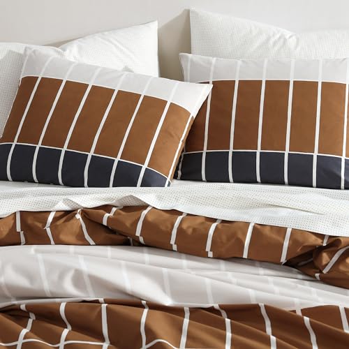 Image of MARIMEKKO - Queen Duvet Cover Set, Organic Cotton Bedding with Matching Shams, Modern Home Decor, GOTS Certified (Tiiliskivi Raita Charcoal, Queen)