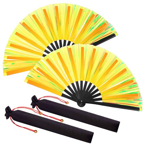 Image of Maitys Large Rave Fan Folding Handheld Fans 13'' Clap Fans for Line Dancing Clack Fan Holographic Festival Accessory for Martial Art Gift Performance, Includes 2 Pouch
