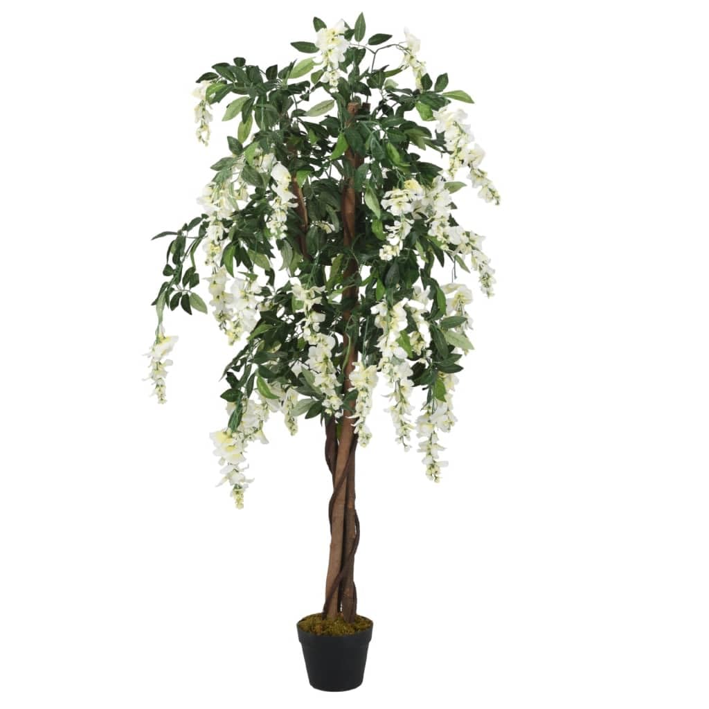 Sztuczne drzewko glicyniowe 120 cm z 840 liśćmi i 780 kwiatami, zielono-białe, pień drewniany, sztuczna roślina do salonu, biura, na taras, bez pielęgnacji, dekoracja w doniczce